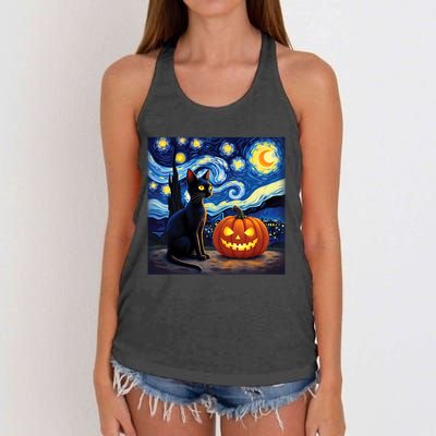 Cat Halloween Cat Lovers Starry Night Cat Van Gogh Women's Knotted Racerback Tank