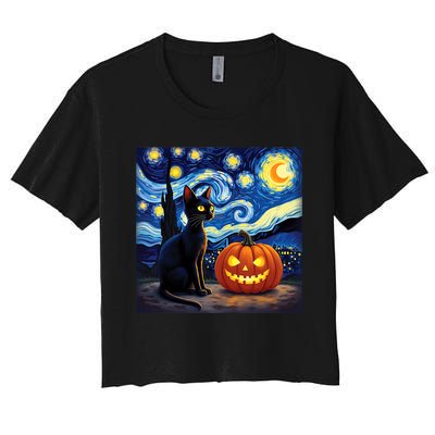 Cat Halloween Cat Lovers Starry Night Cat Van Gogh Women's Crop Top Tee