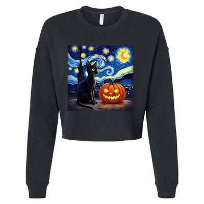 Cat Halloween Cat Lovers Starry Night Cat Van Gogh Cropped Pullover Crew