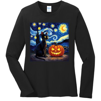 Cat Halloween Cat Lovers Starry Night Cat Van Gogh Ladies Long Sleeve Shirt