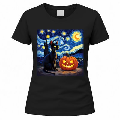 Cat Halloween Cat Lovers Starry Night Cat Van Gogh Women's T-Shirt