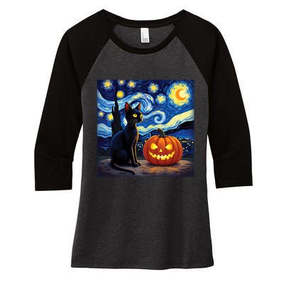 Cat Halloween Cat Lovers Starry Night Cat Van Gogh Women's Tri-Blend 3/4-Sleeve Raglan Shirt