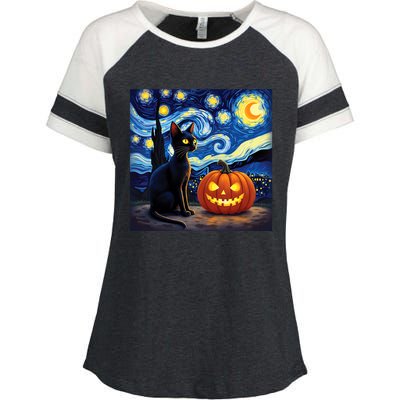 Cat Halloween Cat Lovers Starry Night Cat Van Gogh Enza Ladies Jersey Colorblock Tee