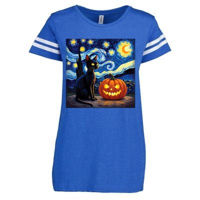 Cat Halloween Cat Lovers Starry Night Cat Van Gogh Enza Ladies Jersey Football T-Shirt