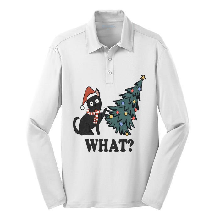 Cute Holiday Christmas Xmas Cat Cats Funny Tree Lights Silk Touch Performance Long Sleeve Polo