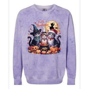 Cat Halloween Christmas Happy Hallothanksmas Thanksgiving Gift Colorblast Crewneck Sweatshirt