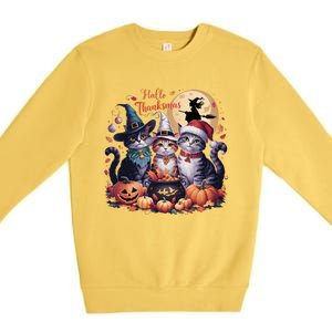 Cat Halloween Christmas Happy Hallothanksmas Thanksgiving Gift Premium Crewneck Sweatshirt