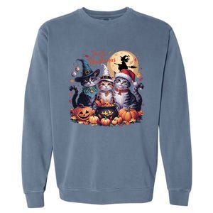 Cat Halloween Christmas Happy Hallothanksmas Thanksgiving Gift Garment-Dyed Sweatshirt