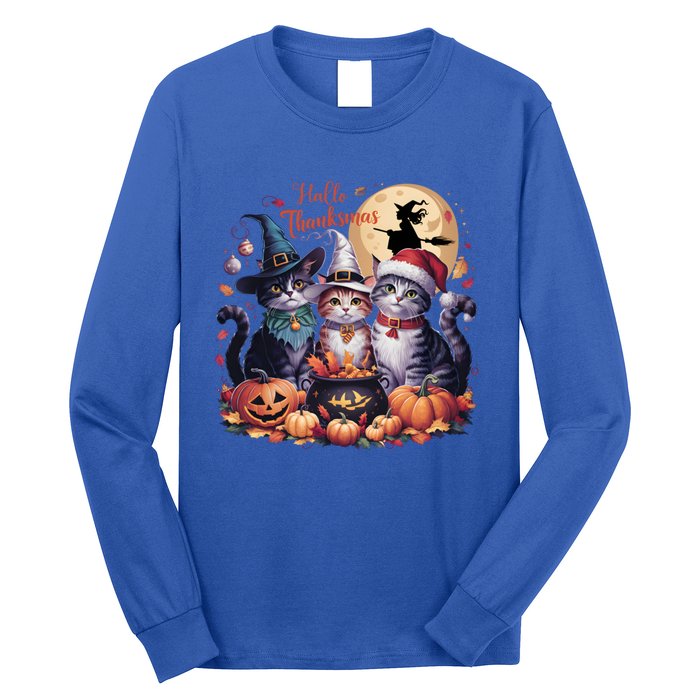 Cat Halloween Christmas Happy Hallothanksmas Thanksgiving Gift Long Sleeve Shirt