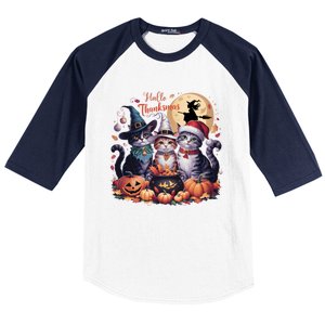 Cat Halloween Christmas Happy Hallothanksmas Thanksgiving Gift Baseball Sleeve Shirt