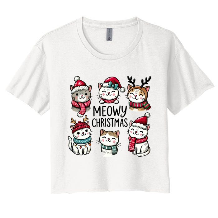 Cute Holiday Cat Lovers Christmas Meowy Christmas Cats Women's Crop Top Tee