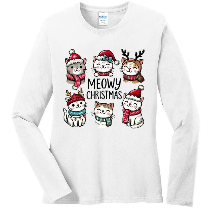 Cute Holiday Cat Lovers Christmas Meowy Christmas Cats Ladies Long Sleeve Shirt