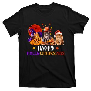 Cat Halloween Christmas Happy Hallothanksmas Thanksgiving T-Shirt