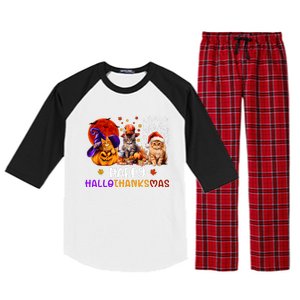 Cat Halloween Christmas Happy Hallothanksmas Thanksgiving Raglan Sleeve Pajama Set