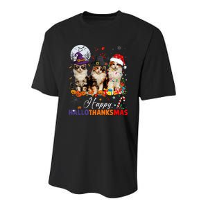 Cat Halloween Christmas Happy Hallothanksmas Thanksgiving Youth Performance Sprint T-Shirt