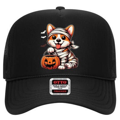 Cute Halloween Costume Welsh Corgi Mummy Dog Lover High Crown Mesh Back Trucker Hat