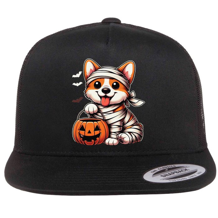 Cute Halloween Costume Welsh Corgi Mummy Dog Lover Flat Bill Trucker Hat