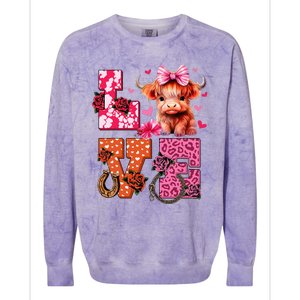 Cute Highland Cow And Pink Heart Valentines Day Love Leopard Colorblast Crewneck Sweatshirt