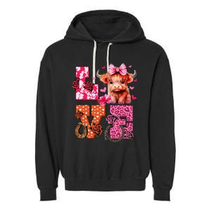 Cute Highland Cow And Pink Heart Valentines Day Love Leopard Garment-Dyed Fleece Hoodie