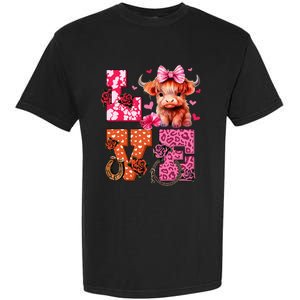 Cute Highland Cow And Pink Heart Valentines Day Love Leopard Garment-Dyed Heavyweight T-Shirt