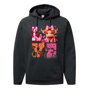 Cute Highland Cow And Pink Heart Valentines Day Love Leopard Performance Fleece Hoodie