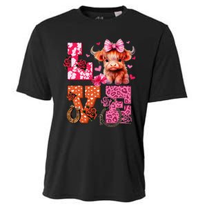 Cute Highland Cow And Pink Heart Valentines Day Love Leopard Cooling Performance Crew T-Shirt