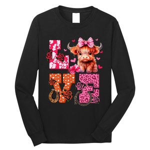 Cute Highland Cow And Pink Heart Valentines Day Love Leopard Long Sleeve Shirt