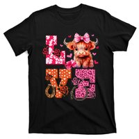 Cute Highland Cow And Pink Heart Valentines Day Love Leopard T-Shirt