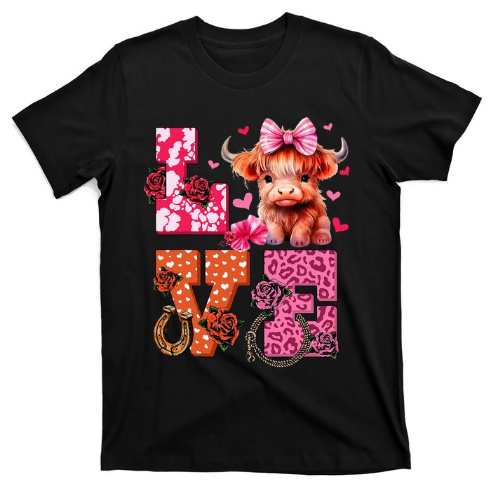 Cute Highland Cow And Pink Heart Valentines Day Love Leopard T-Shirt