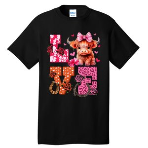 Cute Highland Cow And Pink Heart Valentines Day Love Leopard Tall T-Shirt