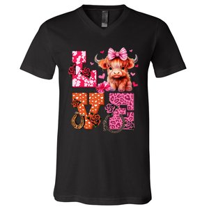 Cute Highland Cow And Pink Heart Valentines Day Love Leopard V-Neck T-Shirt