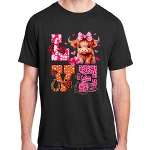 Cute Highland Cow And Pink Heart Valentines Day Love Leopard Adult ChromaSoft Performance T-Shirt