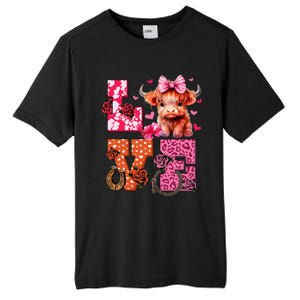 Cute Highland Cow And Pink Heart Valentines Day Love Leopard Tall Fusion ChromaSoft Performance T-Shirt