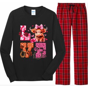 Cute Highland Cow And Pink Heart Valentines Day Love Leopard Long Sleeve Pajama Set