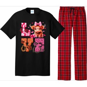 Cute Highland Cow And Pink Heart Valentines Day Love Leopard Pajama Set