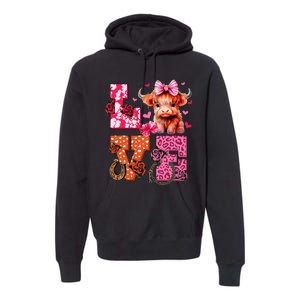 Cute Highland Cow And Pink Heart Valentines Day Love Leopard Premium Hoodie