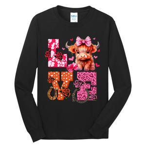 Cute Highland Cow And Pink Heart Valentines Day Love Leopard Tall Long Sleeve T-Shirt