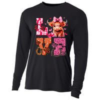 Cute Highland Cow And Pink Heart Valentines Day Love Leopard Cooling Performance Long Sleeve Crew