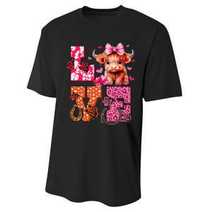 Cute Highland Cow And Pink Heart Valentines Day Love Leopard Performance Sprint T-Shirt