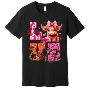 Cute Highland Cow And Pink Heart Valentines Day Love Leopard Premium T-Shirt