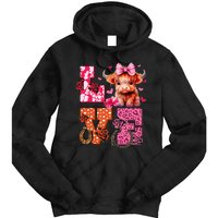 Cute Highland Cow And Pink Heart Valentines Day Love Leopard Tie Dye Hoodie