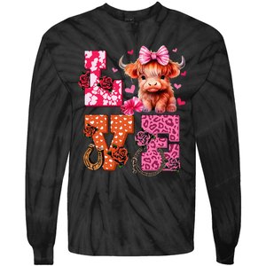 Cute Highland Cow And Pink Heart Valentines Day Love Leopard Tie-Dye Long Sleeve Shirt