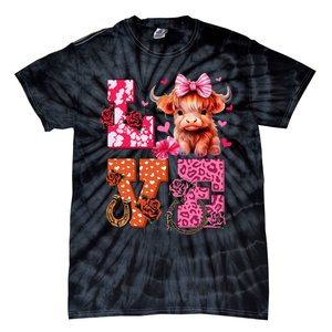 Cute Highland Cow And Pink Heart Valentines Day Love Leopard Tie-Dye T-Shirt