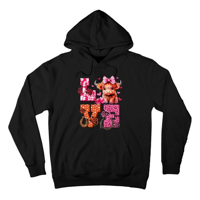 Cute Highland Cow And Pink Heart Valentines Day Love Leopard Tall Hoodie