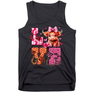 Cute Highland Cow And Pink Heart Valentines Day Love Leopard Tank Top