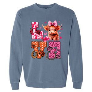 Cute Highland Cow And Pink Heart Valentines Day Love Leopard Garment-Dyed Sweatshirt