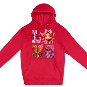 Cute Highland Cow And Pink Heart Valentines Day Love Leopard Premium Pullover Hoodie