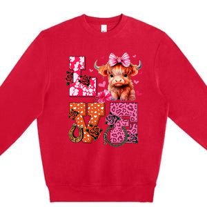 Cute Highland Cow And Pink Heart Valentines Day Love Leopard Premium Crewneck Sweatshirt