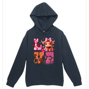 Cute Highland Cow And Pink Heart Valentines Day Love Leopard Urban Pullover Hoodie