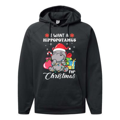 Christmas Hippopotamus Cute Xmas Hippo In Santa Hat Performance Fleece Hoodie